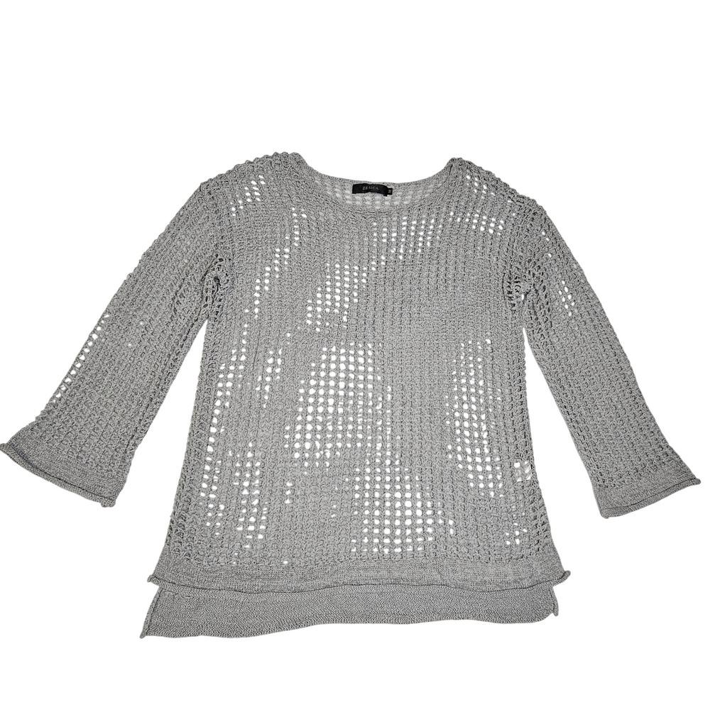 Zesica Women's Gray Open Knit Sweater‎ Medium Boho Mesh Coastal Layering Top